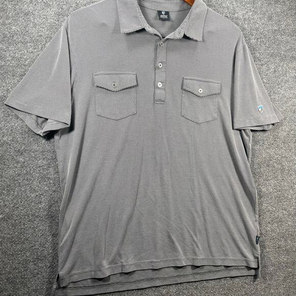 Kuhl Polo Shirt Men's Large Gray Geometric Allover Double Chest Pockets Stretch - Picture 2 of 10